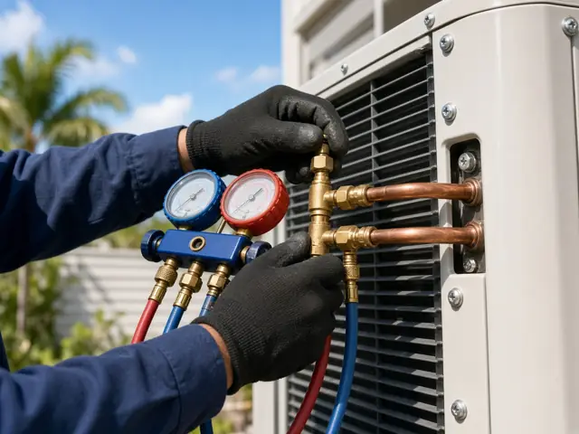 Technician checking AC refrigerant pressures with manifold gauges